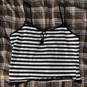 Black and white striped cropped tank top with cat design